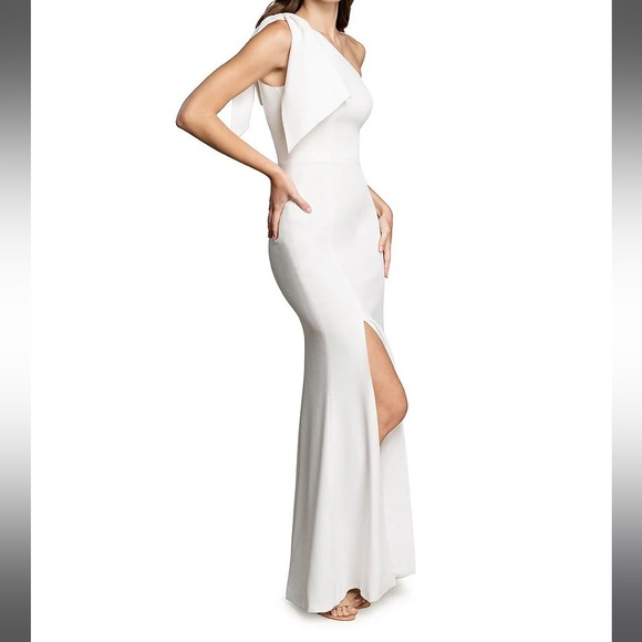 NWOT Dress the Population white Asymmetrical Sleeveless Bow Shoulder Maxi Dress - Picture 9 of 10